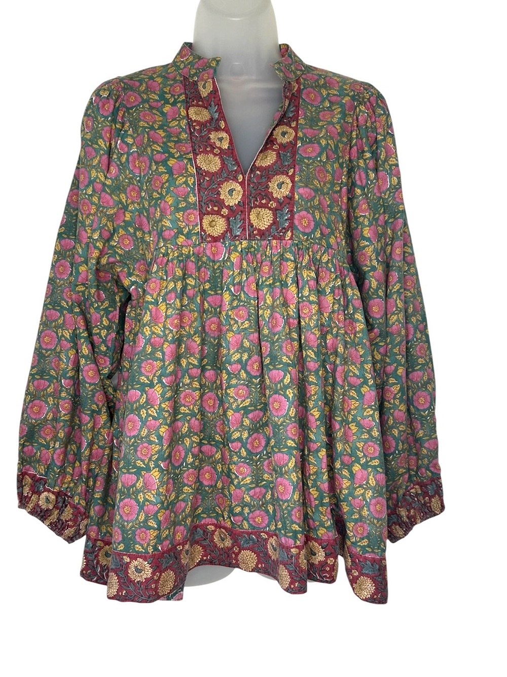 VICTORIA DUNN Women S Floral Pink Green Cotton Balloon Sleeve Flowy Blouse Top.‎
